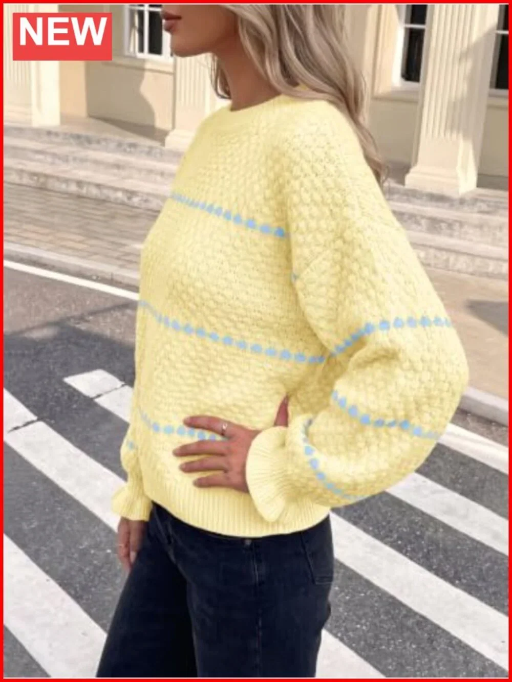 Oversized Chunky Heart Pattern Crew Neck Lantern Sleeve Pullover Sweater